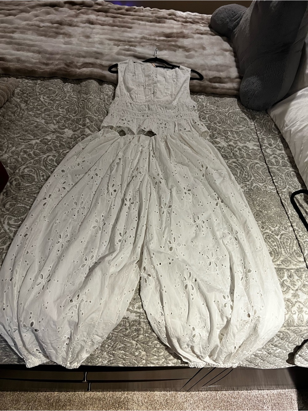 Free People White Eyelet Smocked Waist Jumpsuit
